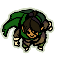 A top-down illustration, with low detail for use as a virtual tabletop token. It depicts an elf with coppery skin and dark brown hair tied into a bun. He is wearing brown leather armor and a flowing green cape.