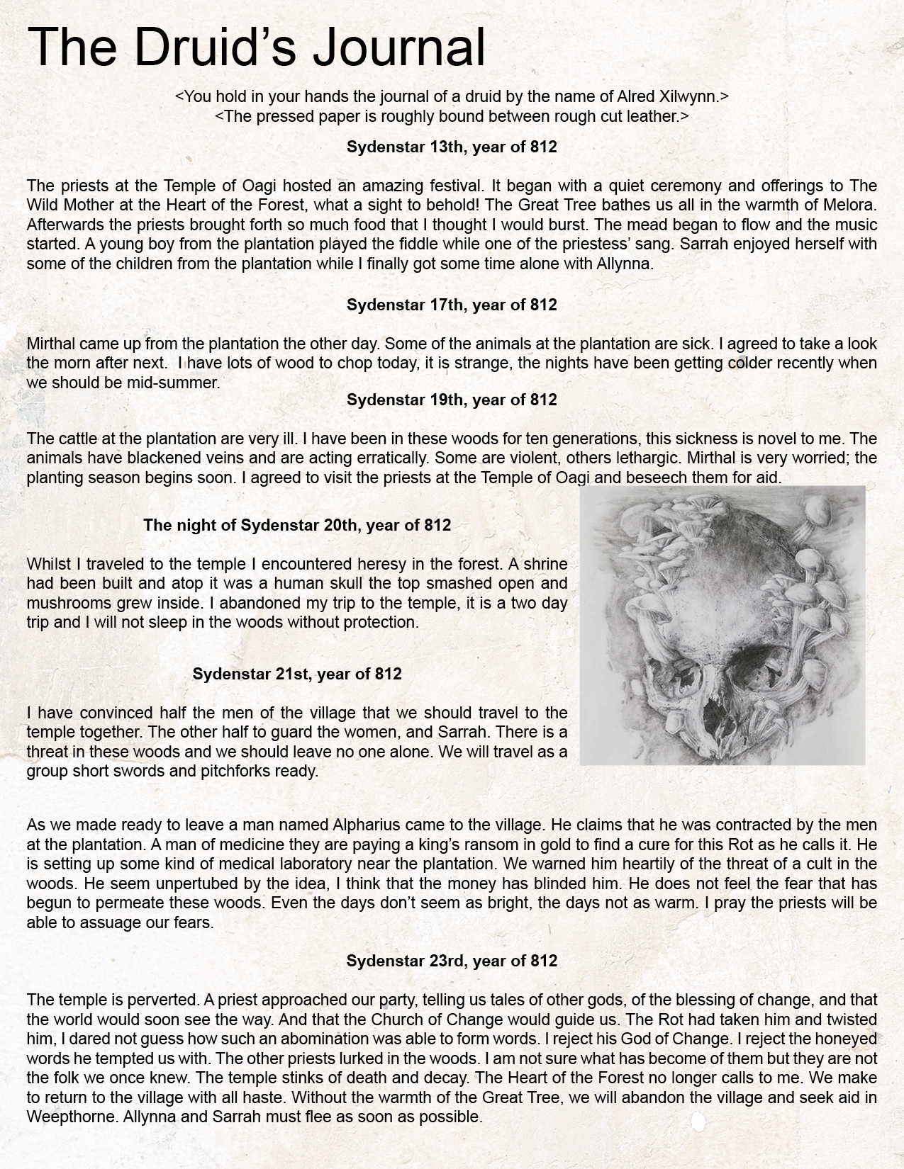 A journal page with multiple entries (transcribed below) on parchment. Halfway down the page is an illustration of a human skull with mushrooms growing out from within it as well as across the domed surface.