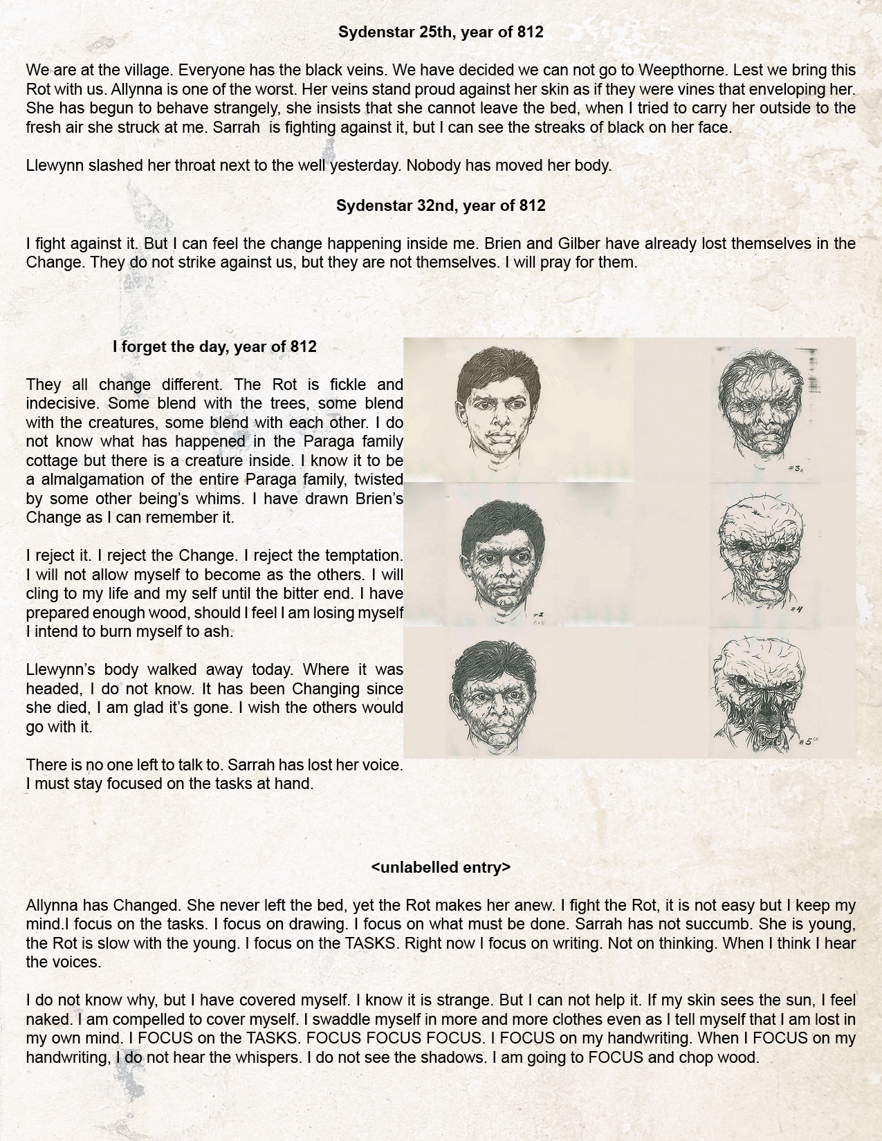 A journal page with multiple entries (transcribed below) on parchment. Halfway down the page is a series of six illustrations of a human face as it slowly metamorphizes into a wrinkled, buglike visage.