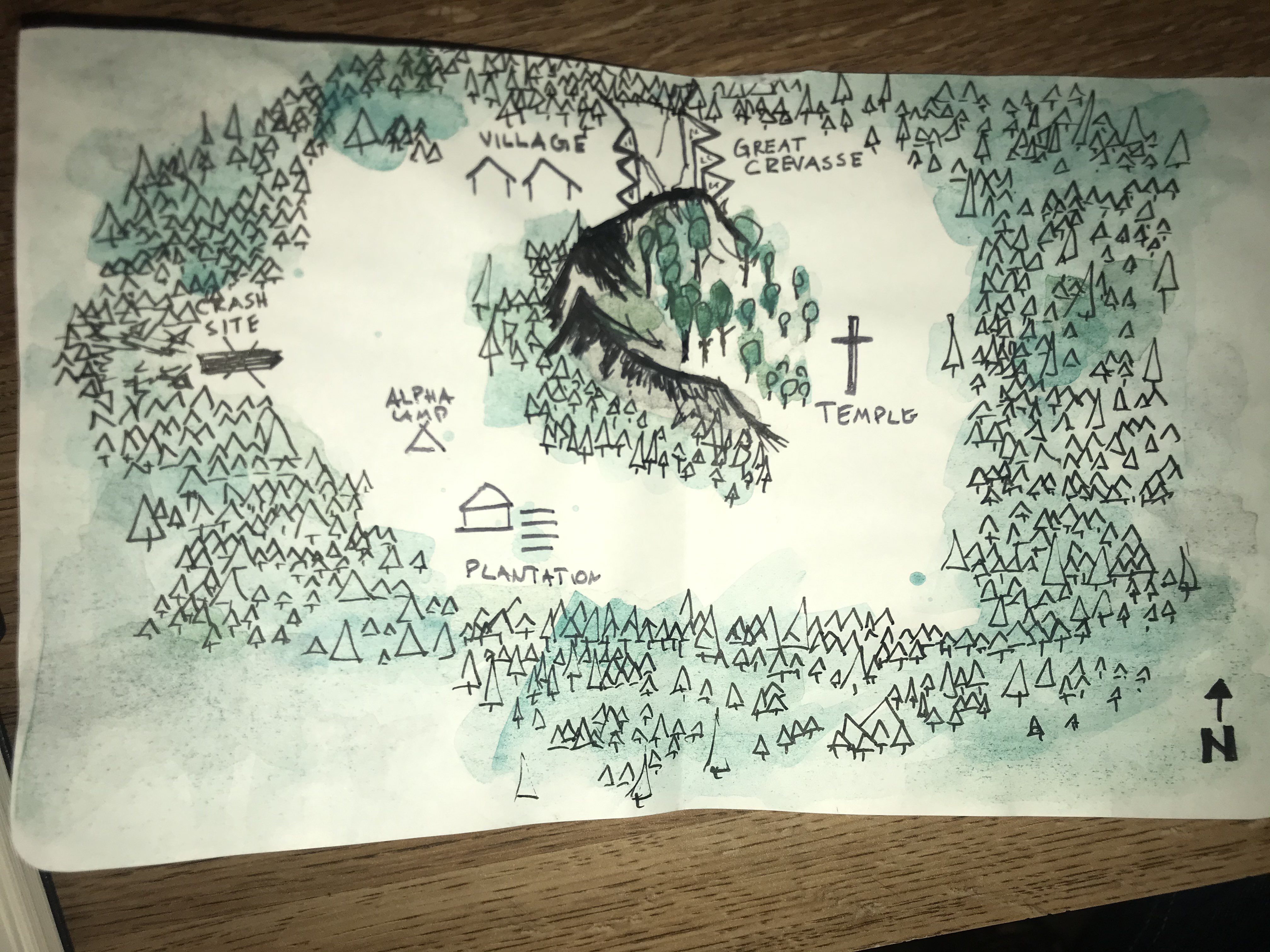 A hand-drawn map of the region. The area is fully surrounded by forest. Directly to the west is our crash site. Directly to the north is a chasm labeled "Great Crevasse". Just west of that is the village. South of the village and southeast of the crash site is Alpharius's camp. A short distance southeast of that is a plantation. Northwest of the plantation (at the center of the map, directly below the Great Crevasse) is a large arcing ridge of mountains containing large trees of a type distinct from the surrounding forest. The open end of the arc faces due east, where a temple is marked.