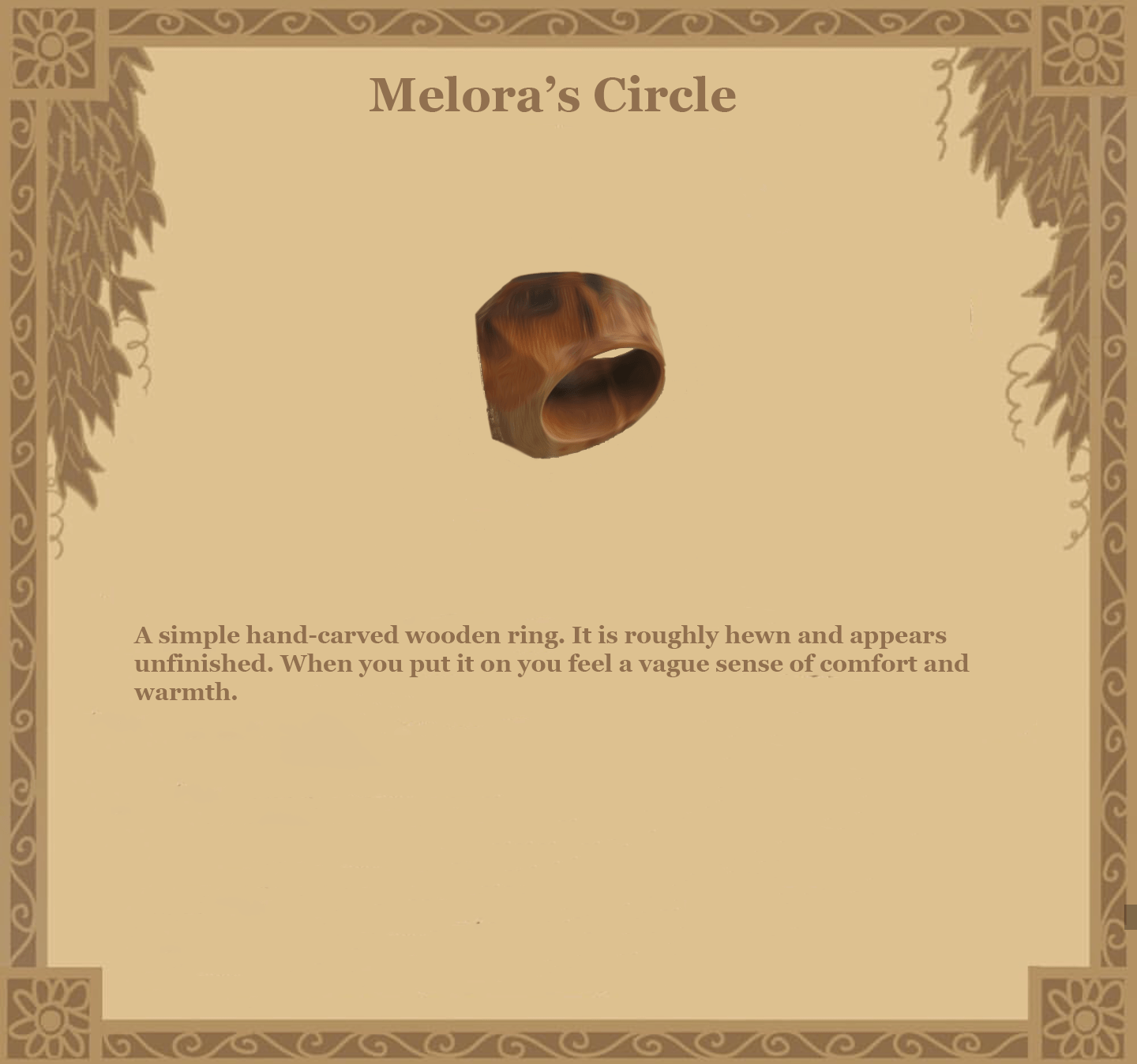 Illustration of a rough-hewn wooden ring with the sides rising to a flat upper surface that's as broad as the widest point of the ring. The face of the upper surface, and whatever insignia it holds, is not shown.