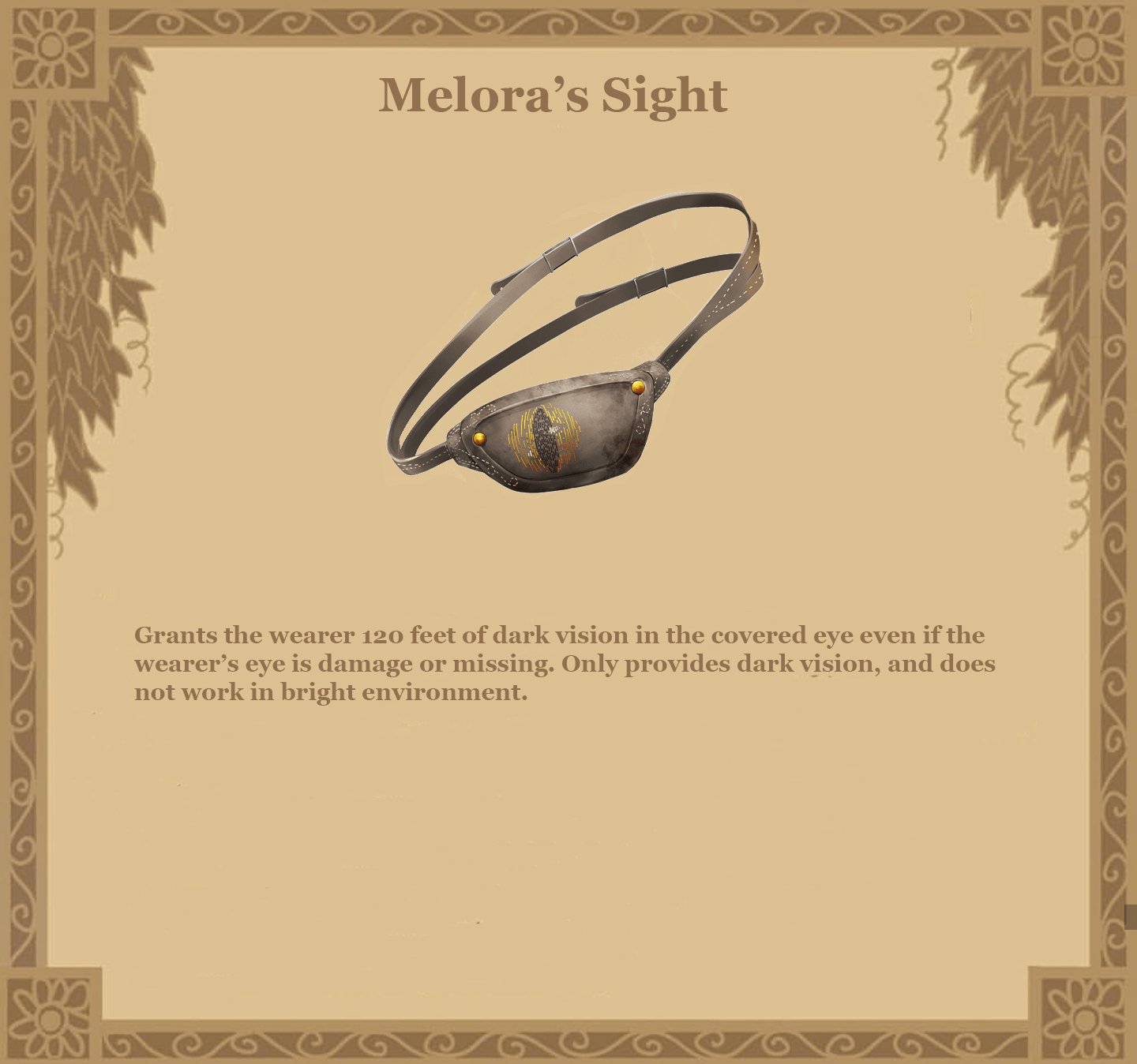 Illustration of a grey leather eyepatch with a strap that splits in two as it wraps around the back of the head. The patch itself is angular and trapezoidal, with gold rivets at the wide upper corners where the strap joins the patch. The face of the patch is stitched with colored thread depicting a catlike eye, with a yellow-orange iris surrounding a vertical ovaloid black pupil.