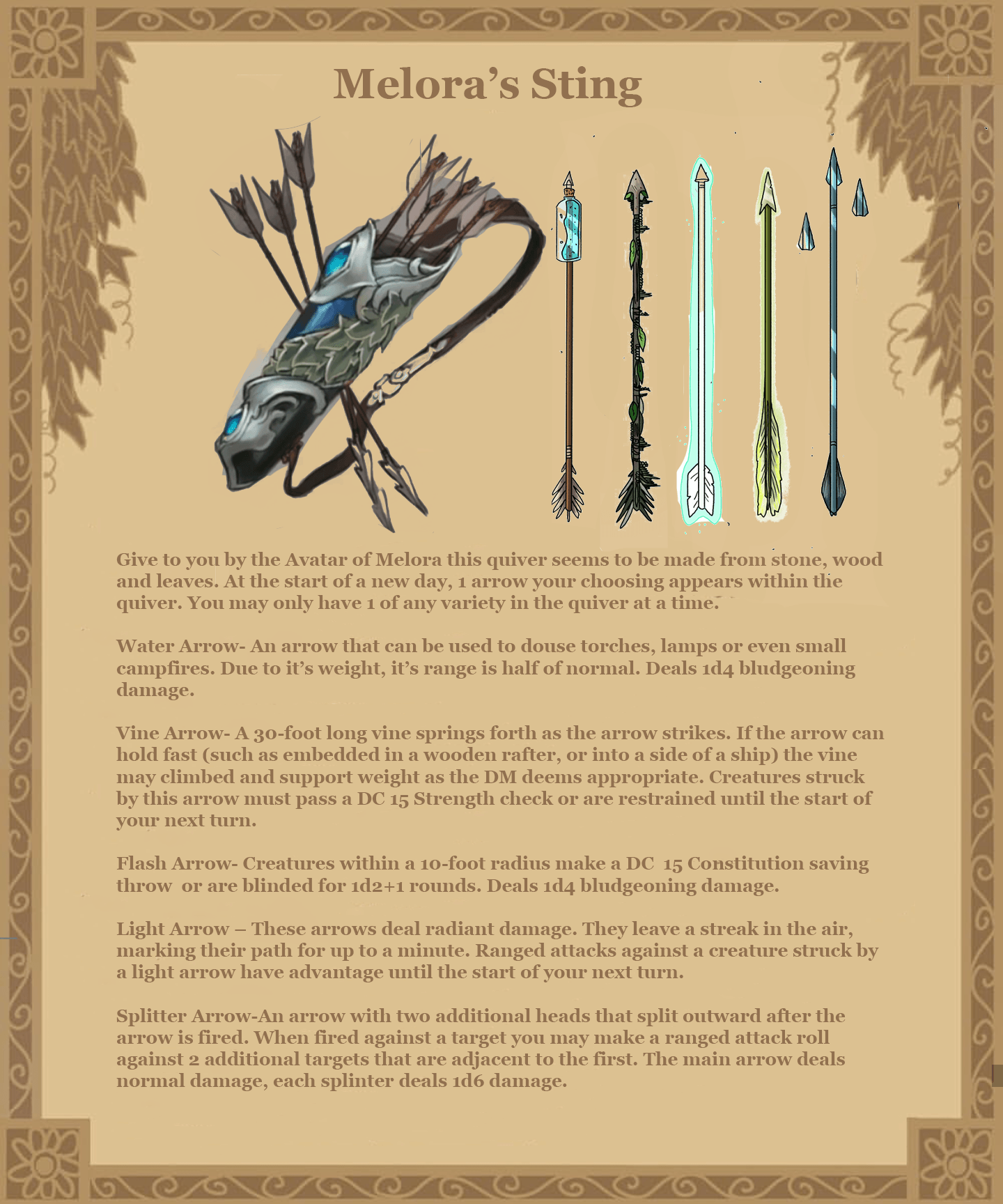 Item Card: Melora's Sting. An illustration of a blue-sided quiver with ornate silver edging. A large blue gemstone is inlaid into the edging at both the top and bottom of the quiver. A decorative pattern of embossed green leaves swirls lazily down around the quiver in a narrow band. Next to the quiver are five distinct arrows: one has a glass bottle near the tip, filled with a blue liquid; one is wrapped in a leafy vine; one is pure white and glowing bright blue; one is yellowed and glowing faintly; the final is metallic and has additional arrowheads arrayed nearby.