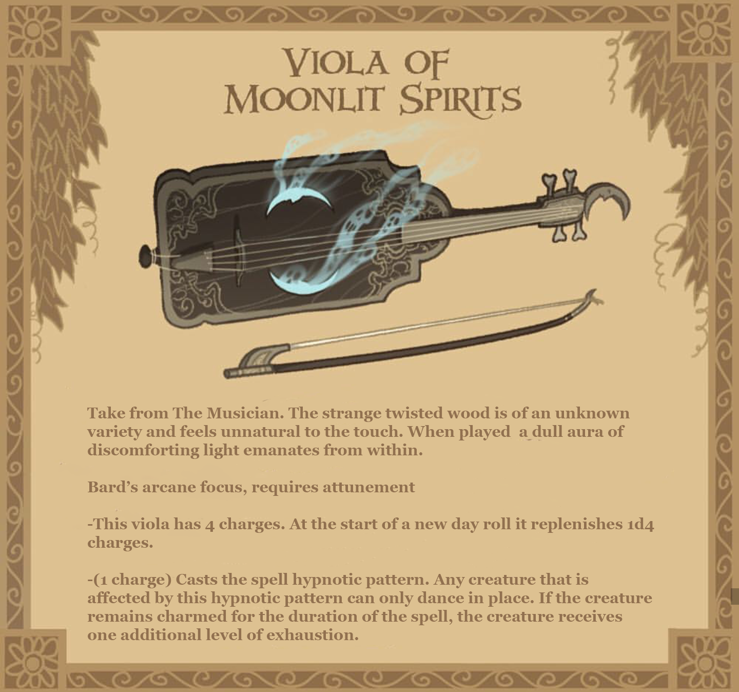 Item Card: Moonlight Viola. Illustration of a fantasy viola, a deep muted brown wood with blue glowing smoke emitting from within