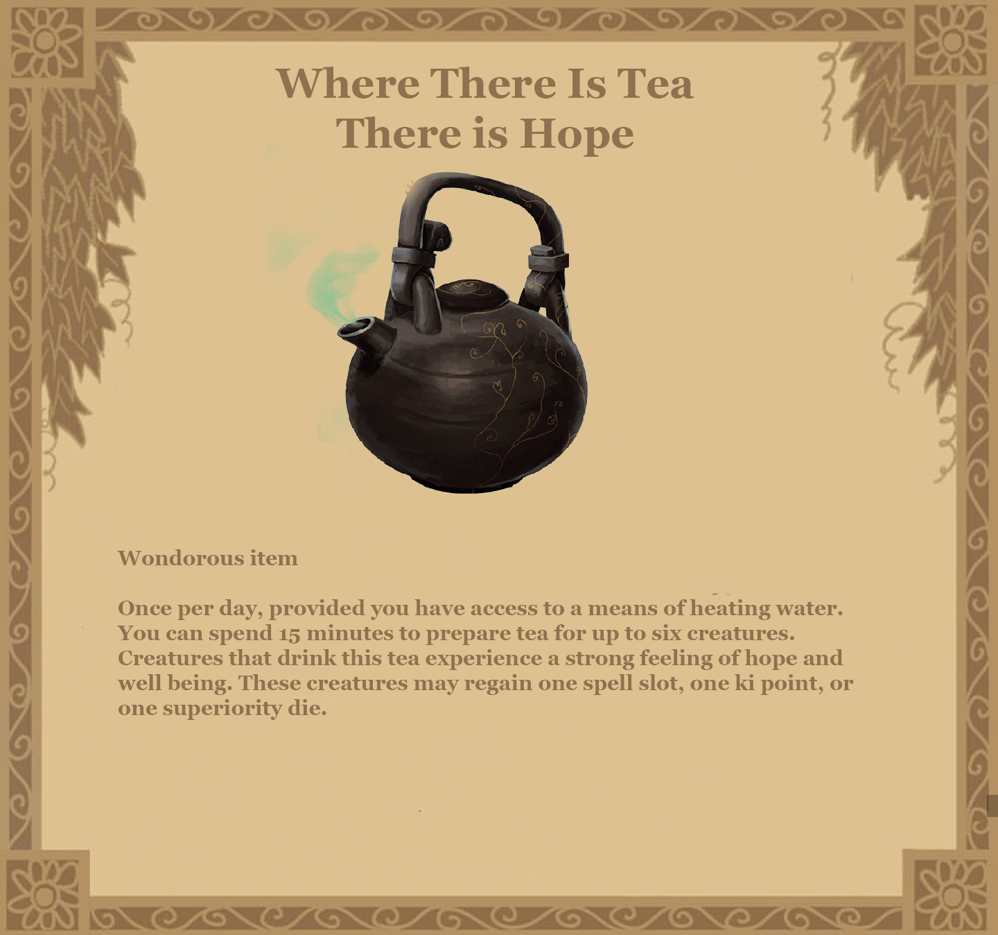 Item Card. Illustration of a dark brown ceramic teapot with a leather strap handle. Gold inlay traces all over the side, inscribing a delicate pattern of reminiscent of the pea plant... a branching structure with the smallest offshoots ending in tight spirals.
